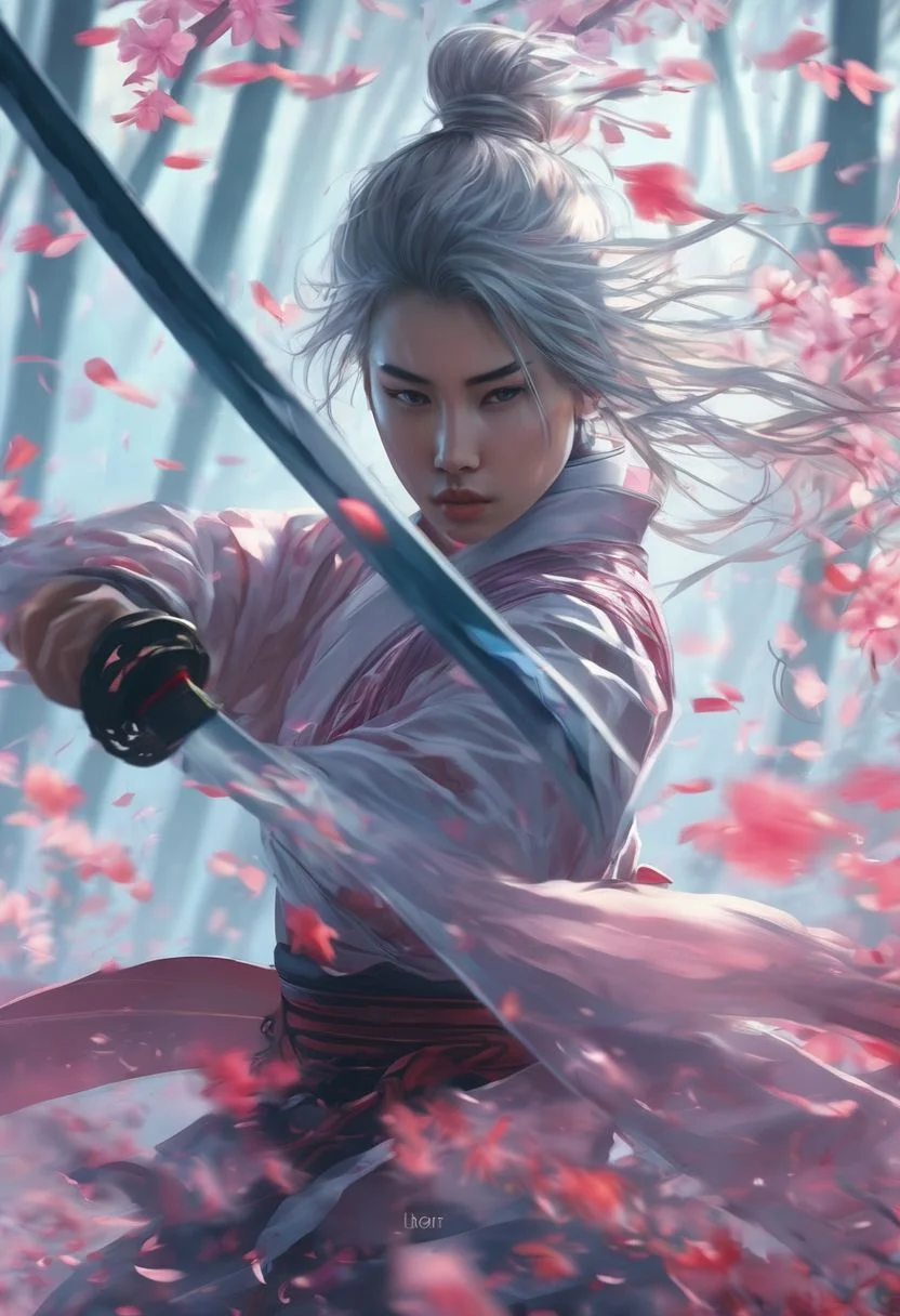 Sword Sakura, 1girl, ninja, vampire, tan,weapon, solo, sword, sash, determined, ponytail, short hair, silver hair, ribbon, katana, lips, looking at viewer, wind, blurry, long hair, long sleeves, nature,
<lora:Sword_Sakura:0.8>,