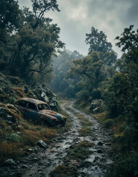 <lora:City_Worlds_01_v1_Roads_flux:1> realistic photo of citybkg, clouds, ambiance, detailed, futuristic, vegetation, ambiance, evening, clouds, very detailed, illuminated, mist, from tail, vegetation, big rocks, sinuous road, very narrow, in the forest, wet dirty muddy road, lots of wet mud with grass, creepy, depth of field, very old trees, roots, broken abandonned graveyard, moss, pound, abandoned rusty old car full of moss, winter, snow