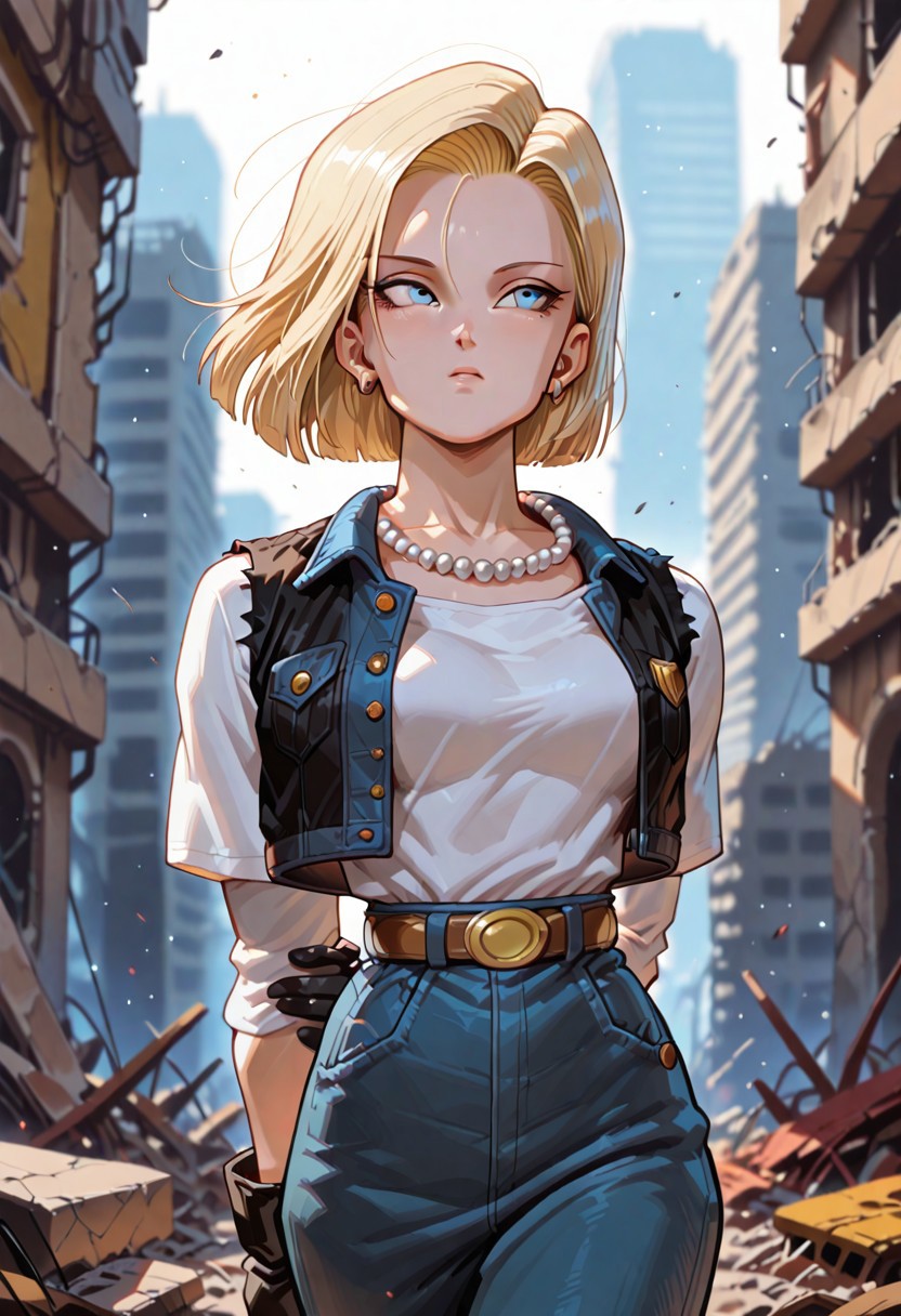 masterpiece, best quality, amazing quality, very aesthetic, absurdres,
android18, 1girl, solo, blonde hair, blue eyes, short hair,,
outif2, pearl necklace, belt, denim, black jacket, sleeveless jacket, white shirt, black gloves,,
looking away, arms behind back, colorful, cinematic atmosphere, high contrast, blurry background, city in ruins, city in the background, collapsed buildings, standing, wind, particles in air
