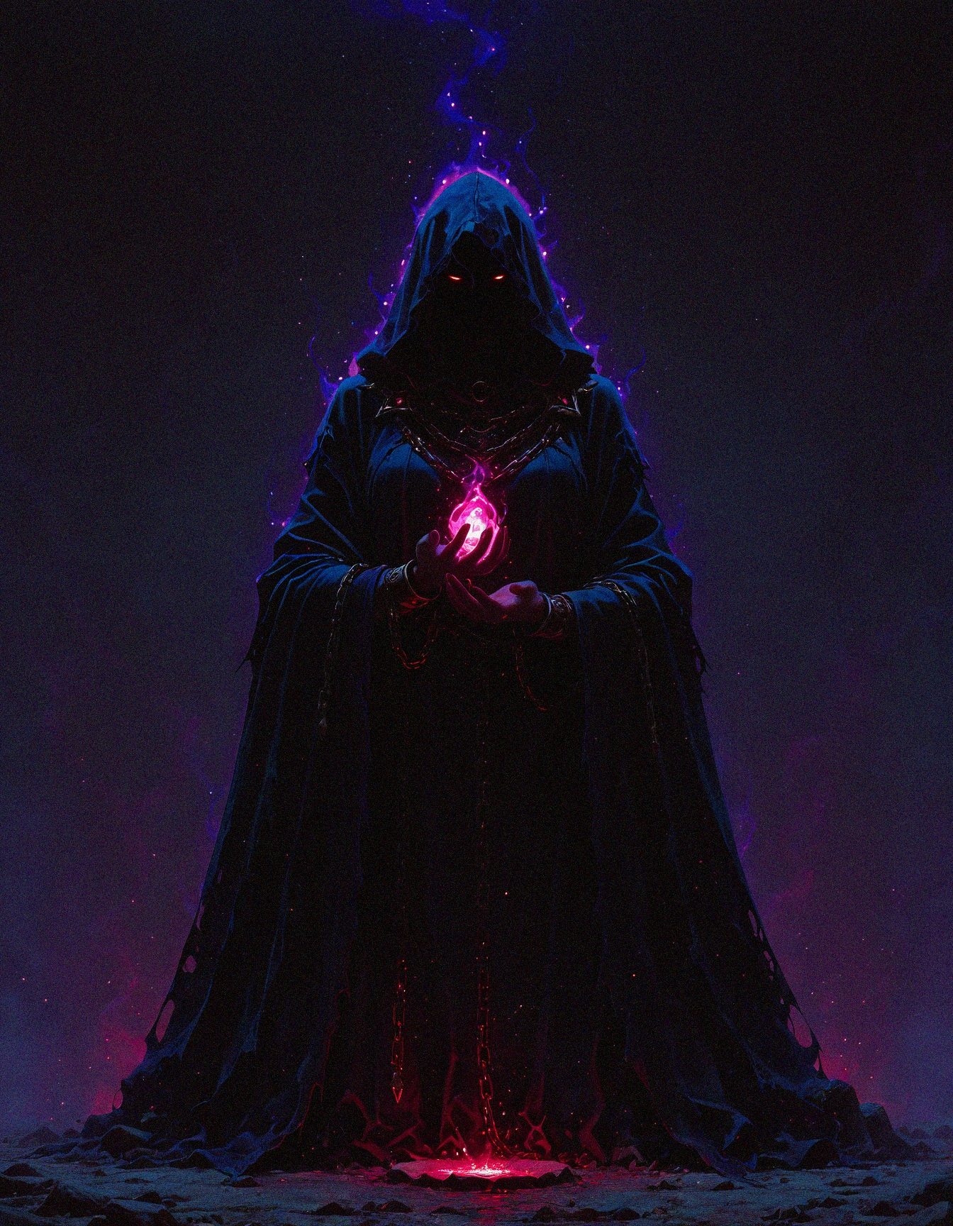 masterpiece, best quality, amazing quality, <lora:DarkFantasy_v3_Buns:0.55>, Soulbinder, dark hooded cloak, spectral chains, glowing soul stones, eerie aura, masterpiece, best quality, amazing quality
