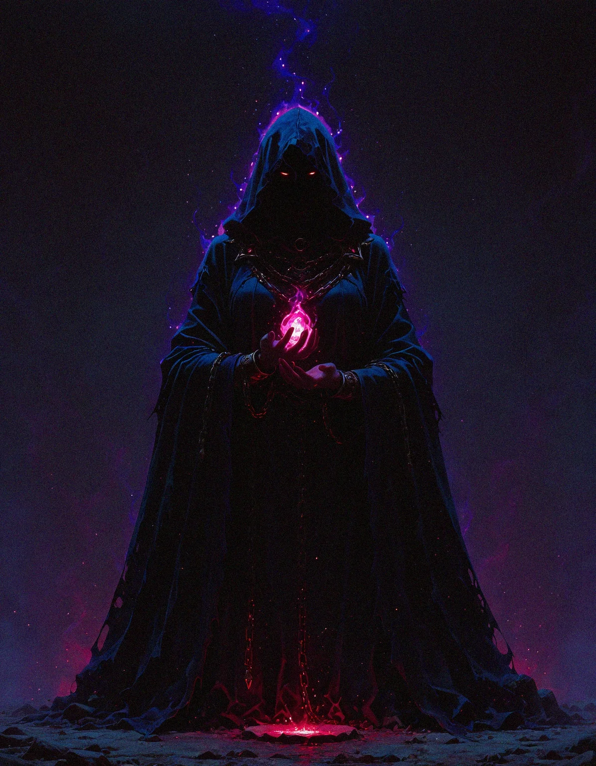 masterpiece, best quality, amazing quality, <lora:DarkFantasy_v3_Buns:0.55>, Soulbinder, dark hooded cloak, spectral chains, glowing soul stones, eerie aura, masterpiece, best quality, amazing quality