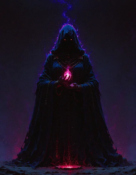 masterpiece, best quality, amazing quality, <lora:DarkFantasy_v3_Buns:0.55>, Soulbinder, dark hooded cloak, spectral chains, glowing soul stones, eerie aura, masterpiece, best quality, amazing quality