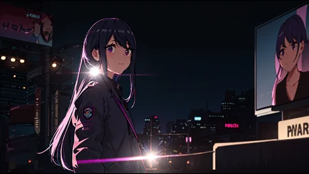 masterpiece, high quality, bloom,depth of field, soft light,lens flare,close up,beautiful face,candid,cyberpunk, neon light,solo,potrait at center,eye glowing,city,shaded face, street lamp,billboard,holding face,1girl,blush,purple lighting,blue lighting,dark place, <lora:shimaRinYuruCamp_v10:1>,shima rin,bomber jacket,