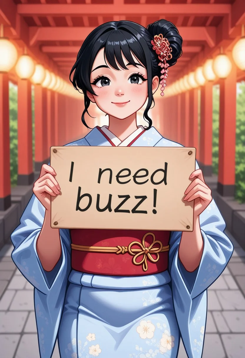 japanese girl, beautiful, black hair, hair bun, kimono, smile, need_buzz, holding sign