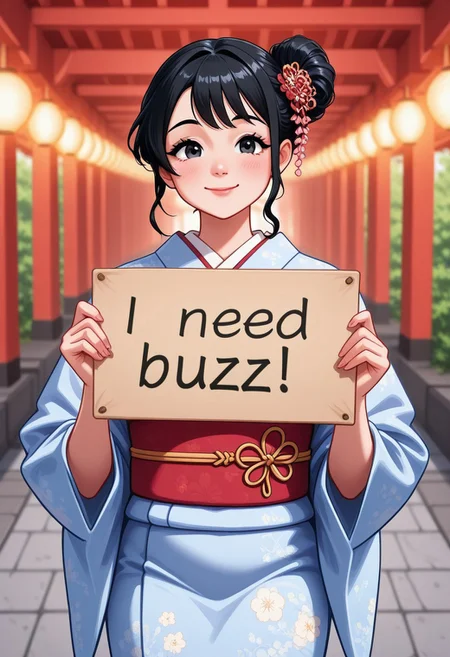japanese girl, beautiful, black hair, hair bun, kimono, smile,  need_buzz, holding sign