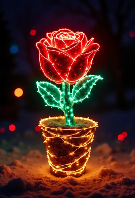 xmas lights, a rose made of Christmas lights in a festive flower pot