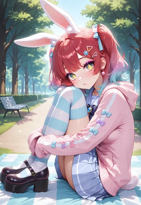 1girl, Mera red, rabbit ears, tail, golden eyes, triangle shaped pupils, light freckles, medium hair, two sides up, blue hair ribbon, multicolored hair, gradient hair, two-tone hair, hair ornament, (too many hair ornaments:1.2), hairpins, masterpiece, best quality, absurdres, small breasts,
(yume kawaii, decora), pastel colors, pastel pink, pastel blue, pastel purple, pastel serafuku, layered clothes, pastel pink jacket, ribbed jacket, hood down, sleeves past fingers, pastel purple blouse, pastel blue skirt, pleated skirt, bows, ribbons, striped thighhighs, earrings, gem brooch, jewelry, mary janes shoes, platform footwear,
lipgloss, long eyelashes, eyeshadow, blush, kawaii makeup,
outdoors, park, trees, path, grass, picnic blanket, on blanket,
solo, [full body], from side, sitting, knees to chest, hugging own legs, head rest, parted lips, looking at viewer,
intricate, highly detailed, majestic, shallow depth of field, movie still, circular polarizer, light particles, particles