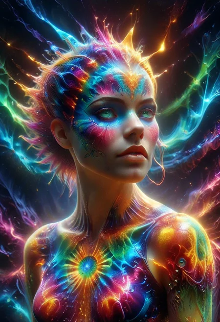 a full body fire entity girl with multicolored flames, purple and blue lights, green and blue flames, pink energy electric eyes, professional photography of an fantastical creature, young woman, shaved head Finely detailed, in a solarpunk environment, looking at viewer, solo, headwear removed, realistic, night blue sky, own hands, spooky makeup, entirely made of stars and galaxies, cyber light trails with whimsical elements, swirling magic, eerie fairytale landscape, elaborate fantasy style art, very colorful, intricate details, ultra sharp, exquisite detail, flawless composition, vivid colors, masterpiece, exciting background, psychedelicai, made out of,colorful,liquid,Murano Art Glass, GlowingInk, mad-glowtiedye, glowneon, glowing, sparks, lightning