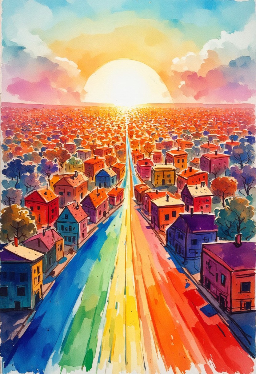 Rainbow village, Vibrant Glow, watercolors