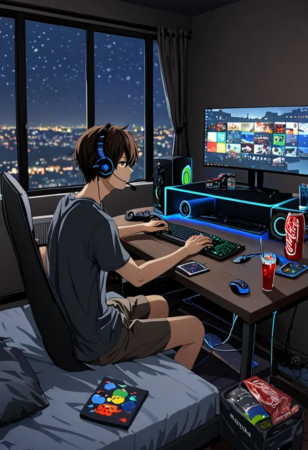 Highres, Masterpiece, High Quality, 4K, 8K, solo, 1Boy, Seiya Kanie, short dark brown hair, golden eyes, potarit, bed room, game room, comfortable, dark walls, RGB lights, quiet, window, night view, keyboard, pc, mouse, laptop, mattress, headset, speakers, stickers, soda drinks, snacks, easynegative, detailed_eye_model