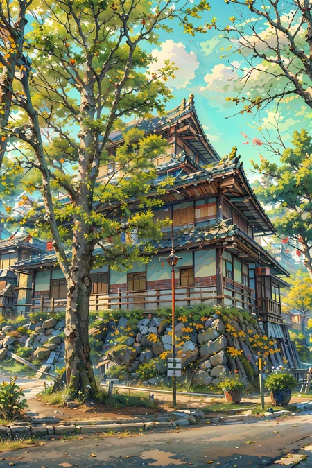 (masterpiece:1.3),(best quality:1.3),highres,vivid_color,colorful,ultra-detailed,masterpiece,extremely detailed CG unity 8k wallpaper,best quality,scenery,outdoors,<lora:Detailed_Places_R-128_v1:0.7>,tree,outdoors,sign,road,grass,sky,day,house,no humans,east asian architecture,architecture,building,path,castle,