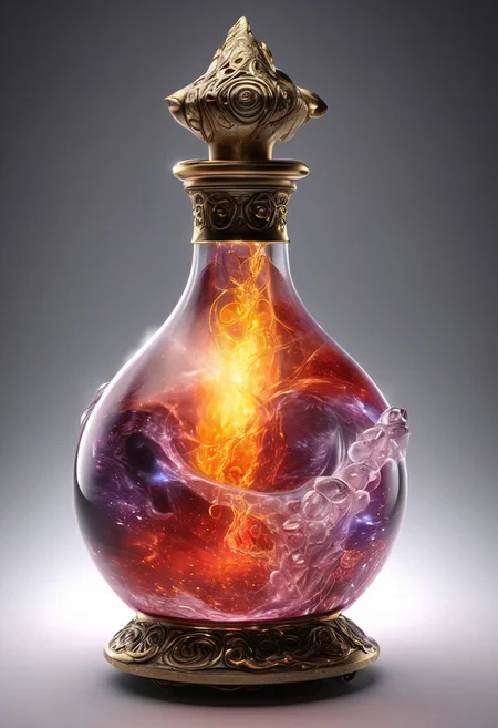 Score_9, Score_8, high_def, highest quality, 4k, best quality, masterpiece, focused, defined, Photorealistic magic potion, intricate glass bottle, elixir, vibrant red and yellow colors, ethereal light, wax seal, flashy lights, magic lights, luminous, dynamic reflections, magical aura, highly detailed, fantasy essence, glowing particles, radiant aura, made of sparkling amethyst crystals