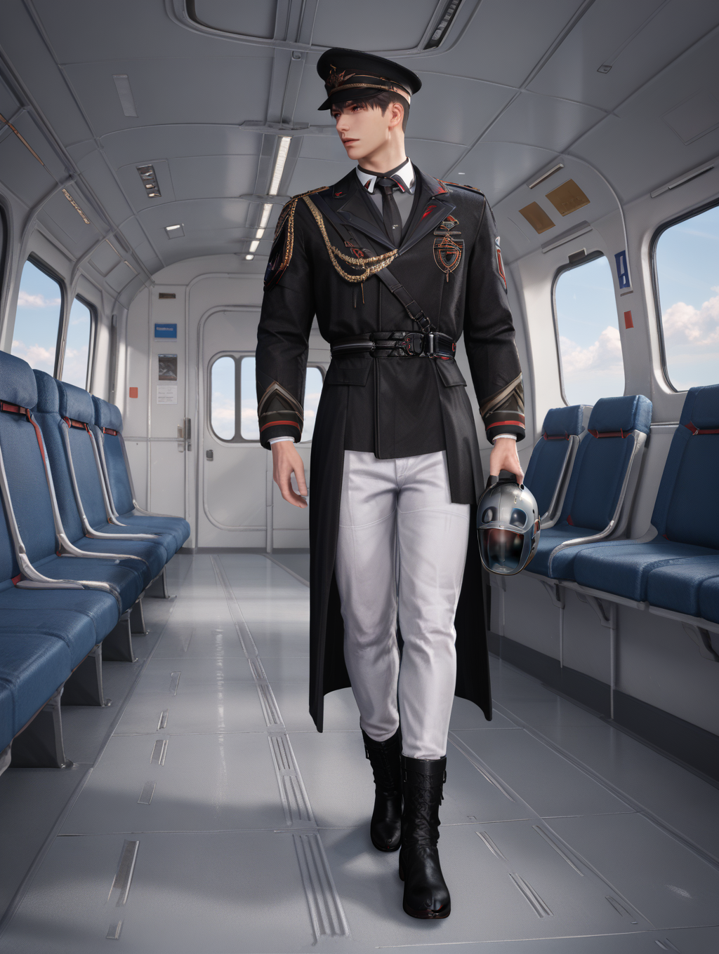 score_9,score_8_up,score_7_up,1boys,solo,yaoi,bara,male focus,nsfw,uncersored,highres,best quality,amazing quality,best aesthetic,absurdres,<lora:caleb-000004:0.8>,caleb,military uniform,airplane interior,holding helmet,looking to the side,full body, white pants,black boots,walking,