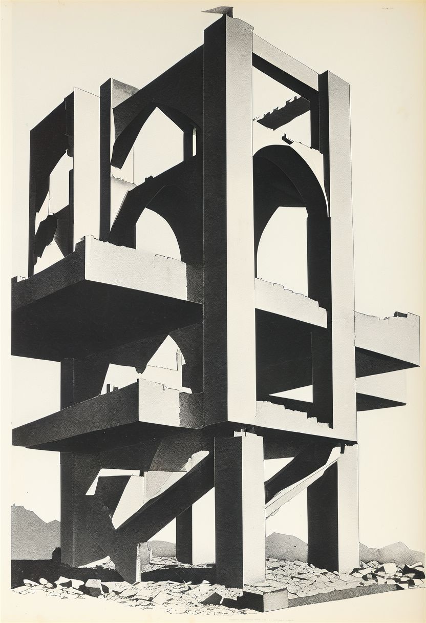 machine drawing, night stand (BRUTALISM, SHEET steel, dynamic spacing, imbalanced support STRUCTURE, angular GEOMETRY, gothic, art deco, RUINS, blast hole, SPLIT MIDDLE)
