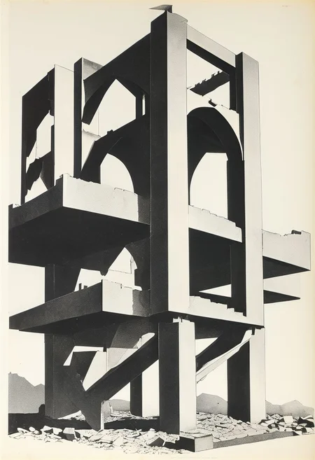 machine drawing, night stand (BRUTALISM, SHEET steel, dynamic spacing, imbalanced support STRUCTURE, angular GEOMETRY, gothic, art deco, RUINS, blast hole, SPLIT MIDDLE)