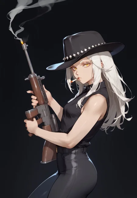 score_9, score_7_up, source_anime, full body, woman, cat girl, small breasts, whiskers, long messy hair, white hair, white eyebrows, white eyelashes, yellow eyes, slit pupils, black fedora, buisiness suit, black trousers, holding thompson submachine gun, looking at viewer, smoking sigar, black background, cigarette, smoking, mouth hold, csr style, tmmygn