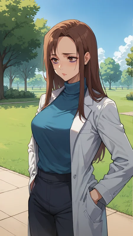 score_9,score_8_up,score_7_up,score_6_up, source_anime, zPDXL3, <lora:xl_more_art-full_v1:0.5>, woman, dynamic pose, hands-on-hips, <lora:Shoko Ieiri - Pony-000004:0.8>, aShoko, long hair, brown hair, brown eyes, eyebags, purple eyeshadow, blue turtleneck, labcoat, birthmark under eye, park, outdoors, grass, tired,