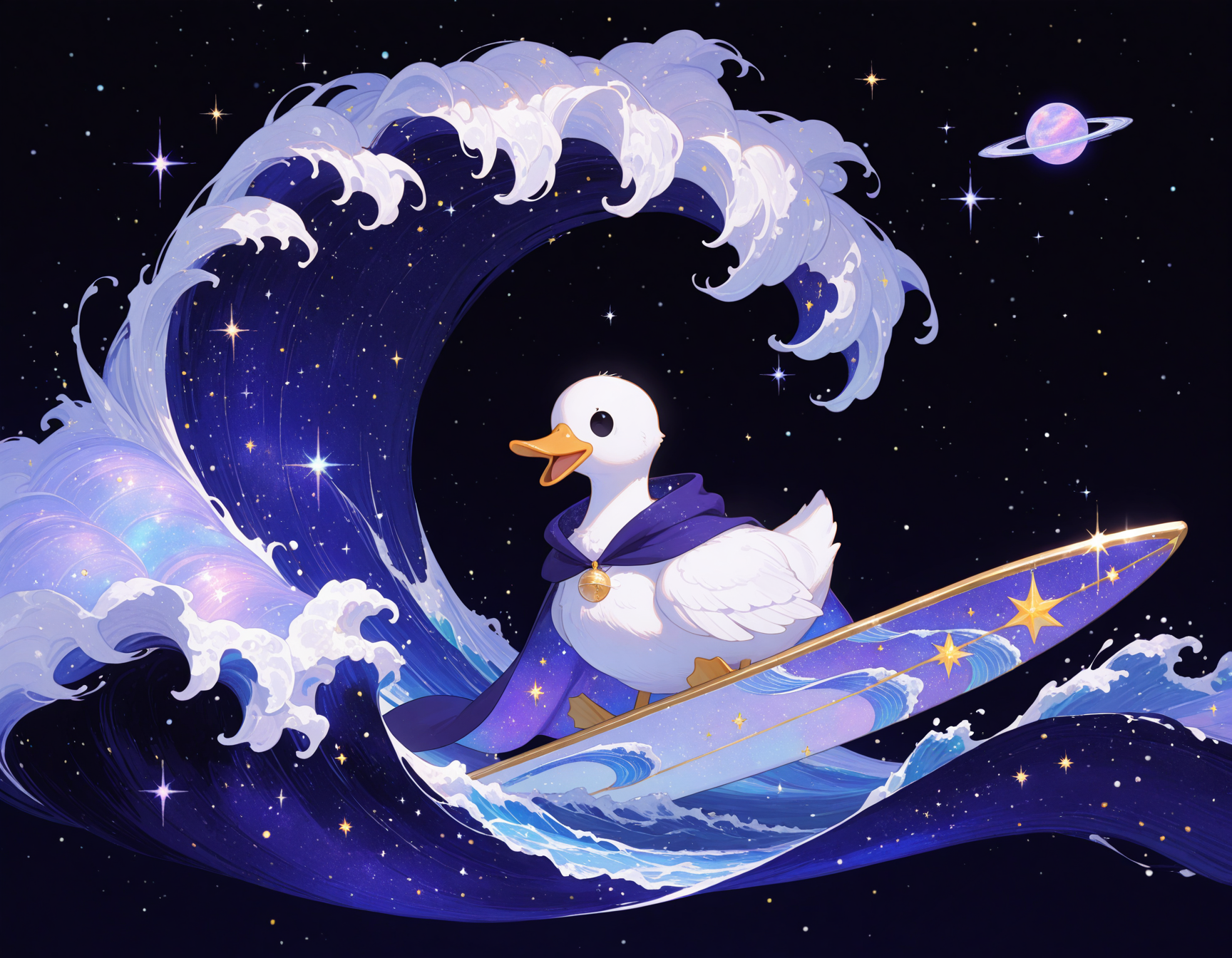 masterpiece, best quality, amazing quality, very aesthetic, absurdres,no humans, momosp, galaxy,
, white duck surfing on a silver surfboard, huge solid black eyes, pleading eyes, magical cape with gold edges, blue cape|purple cape, head tilt, open mouth, derpy,derp
, waves made of space, starry space, light particles, sparkles
,  <lora:MomoSweetSpaceILL:1> <lora:Detailer_NoobAI_Incrs_v1:0.5>