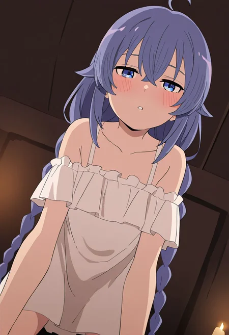 masterpiece, best quality, newest, absurdres, highres, detailed eyes, beautiful, detailed background, perfect eyes, anime coloring, 1girl, solo, petite, roxy migurdia, blue hair, long hair, twin braids, hair between eyes, ahoge, blue eyes, small breasts,  RoxyNightB, nightgown, white short dress, frills, collarbone, bare shoulders, barefeet, bent over, leaning forward, (from below:1.2), girl on top, half-closed eyes, looking at viewer, 1boy, clothed, pov, (close-up), (imminent kiss), (blush:1.3), dutch angle, cowboy shot, (indoors, bedroom, dark, soft light, [[candlelight]]), <lora:roxy_mskt_xl:0.8>