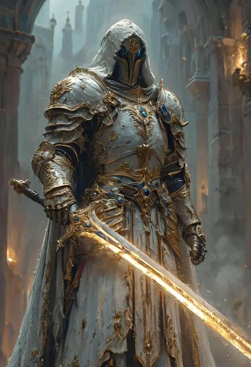 A stunning, highly detailed dark fantasy full body illustration of a proud angelical warrior wearing intricate medieval white HKStyle armor and an epic white ornamented mask, holding a great golden glowing sword, golden and blue glooming eyes, very wide shoulders, wearing big gauntlets, epic composition. The warrior stands heroic with a flowing cloak and white hood during a storm with foggy gloom, thunderclouds in the background . The scene depicts him with brooding emotional agony , style by Greg Rutkowski, by Milo Manara and Russ Mills, with insanely intricate details and textures, gloomy dramatic lighting, 8K resolution