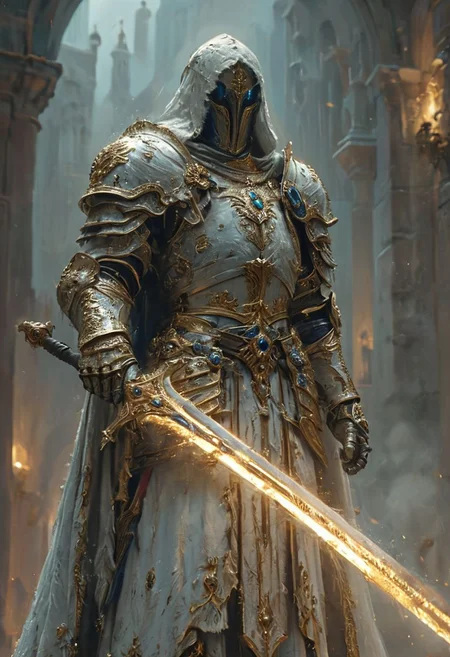 A stunning, highly detailed dark fantasy full body illustration of a proud angelical warrior wearing intricate medieval white HKStyle armor and an epic white ornamented mask, holding a great golden glowing sword, golden and blue glooming eyes, very wide shoulders, wearing big gauntlets, epic composition. The warrior stands heroic with a flowing cloak and white hood during a storm with foggy gloom, thunderclouds in the background . The scene depicts him with brooding emotional agony , style by Greg Rutkowski, by Milo Manara and Russ Mills, with insanely intricate details and textures, gloomy dramatic lighting, 8K resolution