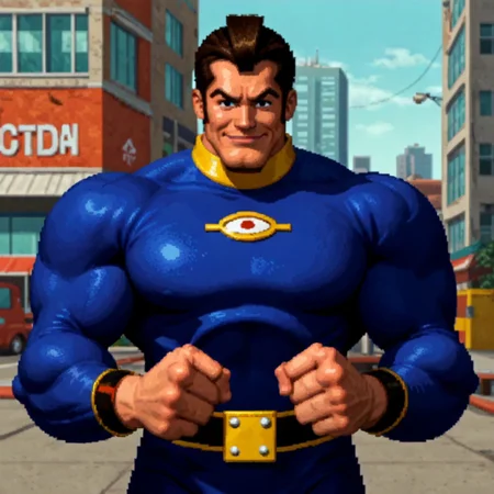 dkcstyle, pixel art, 1boy, blue bodysuit, confident smile, building, solo, close-up, flexing biceps, short hair, very muscular, big biceps, big pecs,