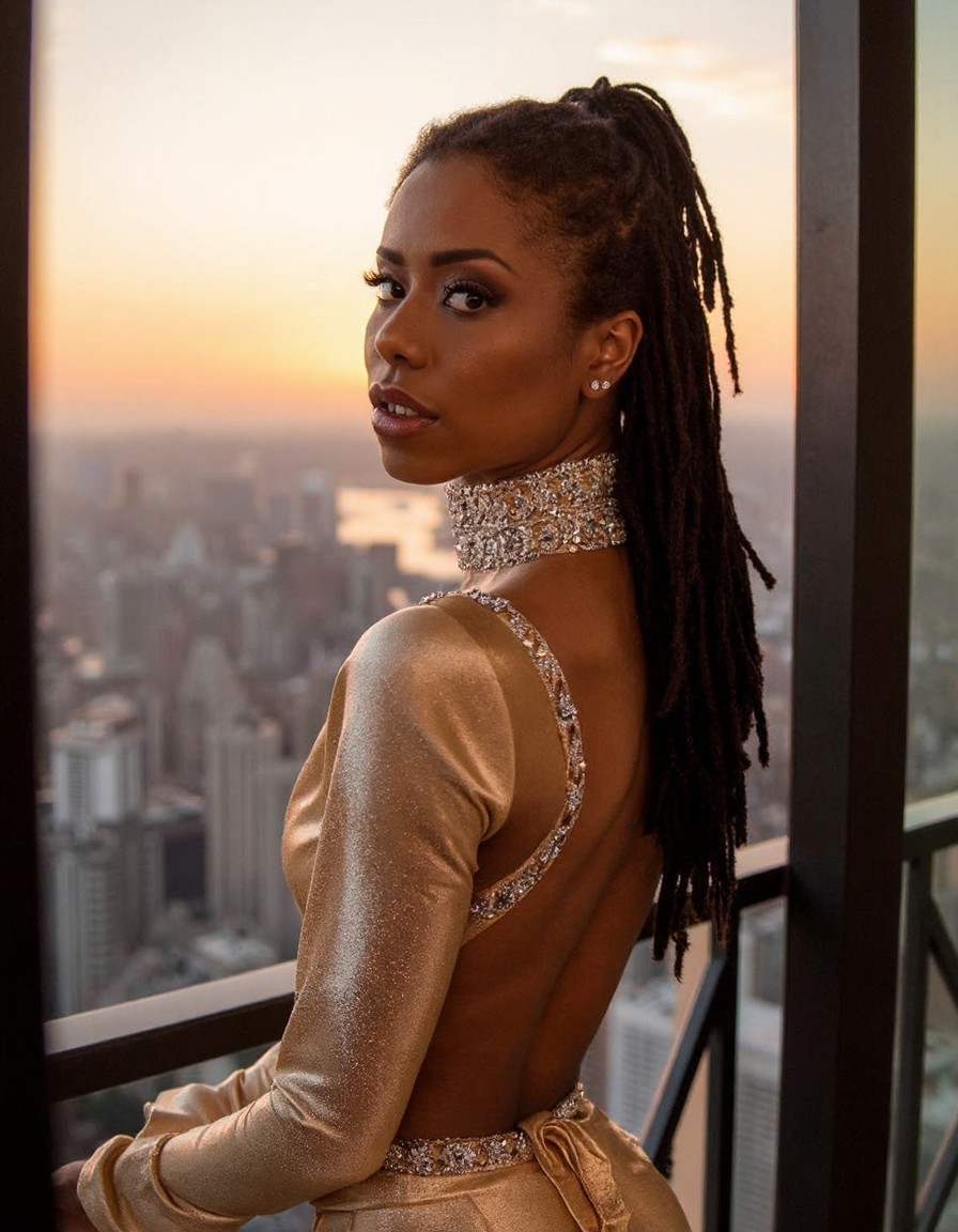Subject: A woman standing on a luxurious, penthouse balcony overlooking a breathtaking cityscape at sunset.
Lighting: Warm, golden light from the setting sun casting a dramatic ambiance.
Camera Angle: Low angle shot, looking up at the woman's face as she gazes out at the viewer.
Composition Style: Leading lines of the city skyline converge to her eyes.
Clothing: Turtleneck, long-sleeved evening gown in metallic gold with beaded embroidery.