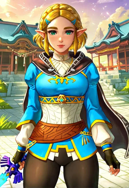 illustriouslogan, beautiful aesthetic, very intricate, high quality details BREAK  princess zelda (/the legend of zelda: tears of the kingdom/), light smile, fully clothed, holding weapon, master sword, glowing sword, cowboy shot, temple, godrays <lora:Logan_Cure_-_Illustrious:0.8>