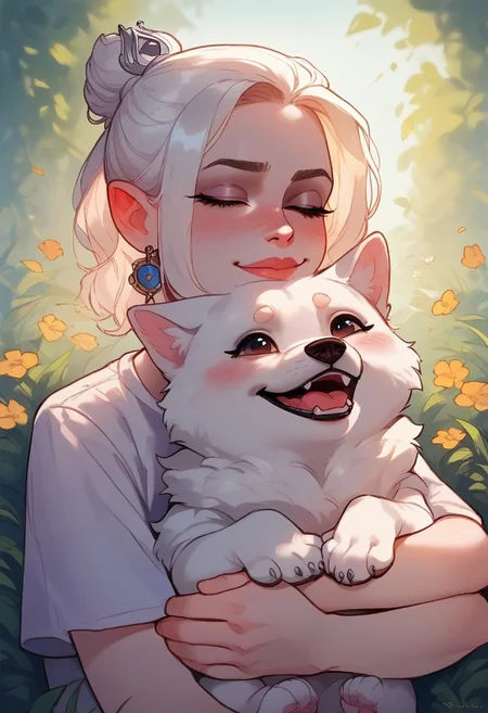 score_9, score_8_up, score_7_up, score_6_up, pet love, 1girl, shadowheart, white hair, hugging a wolf cub, puppy,