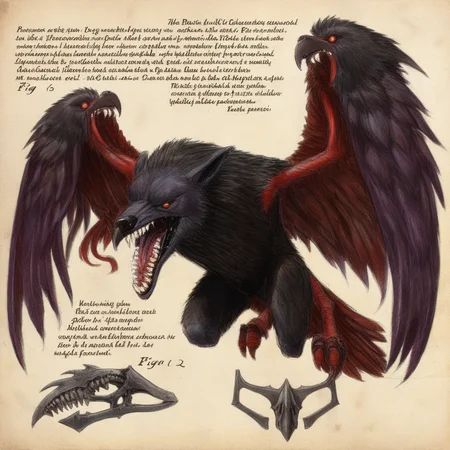 bestiarum red raven with wolf fangs <lora:bestiarum:0.7>