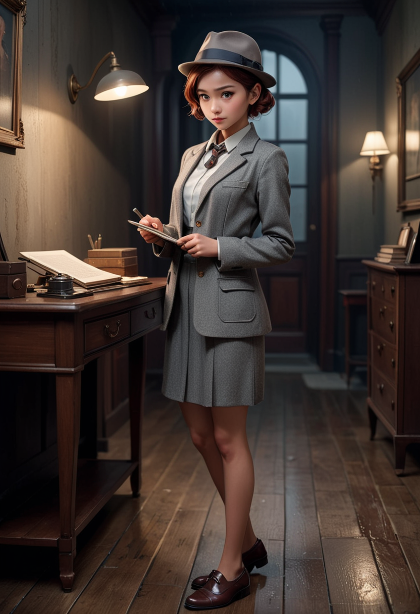 (medium full shot) of (methodical detective) young woman, tiny build, short red low bun hair, chinese, tan skin, brown eyes, wearing a classic fedora, grey tweed jacket, matching blouse and trousers , polished dress shoes, detective badge magnifying glass, vintage notebook and pen, set in  a dark, eerie mansion, featuring creaky wooden floors, dim lighting, antique furniture, and an ominous atmosphere, in the rain, woman smiling, ,Masterpiece,best quality, raw photo, realistic, very aesthetic