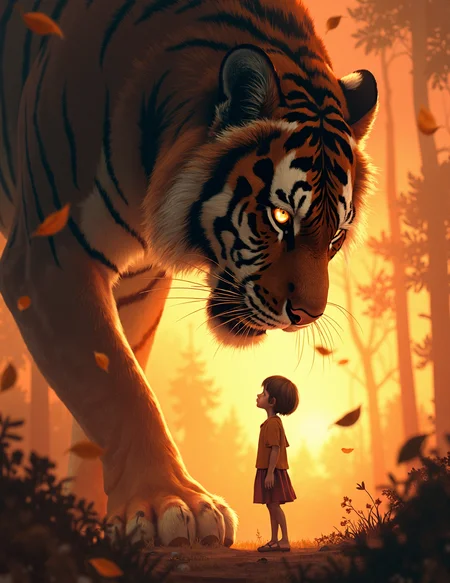 a stunning, dynamic illustration of a massive tiger with fierce, glowing eyes staring down at a young girl standing in front of it. The tiger's size is immense, emphasizing its power and strength as it looms over the girl. The girl, with short hair, appears confident and unafraid, standing with her hand raised as if she is about to touch or communicate with the tiger.
The lighting is dramatic, with warm orange and yellow hues that give the image a vibrant and energetic feel, resembling a sunset. Autumn leaves float around them, adding a sense of motion to the scene. The overall composition captures a sense of wonder, courage, and an almost mythical connection between the girl and the tiger.