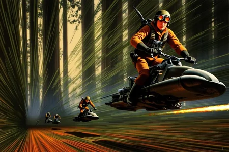 ralphmcq1 painting.
A scene from the Star Wars univserse, featuring a dramatic, action-packed scene set in a dense forest of towering, tall trees On the right is Luke Skywaler, wearing Rebel soldier outfit with hat and googles, riding a Speeder hoverbike. On the left are three Imperial Scouts are in persuit in their Speeder hoverbikes.
<lora:ralphmcq_cap_d6a3:1.0><lora:830315838293838670:0>