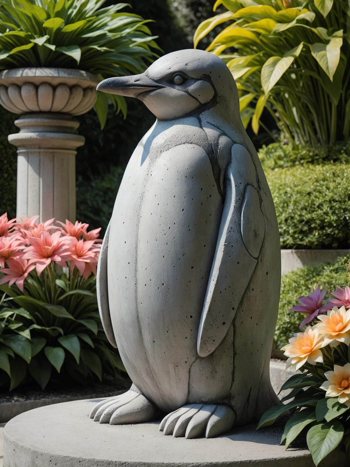 statue of a penguin made of mad-concrete, lush_garden, flower, birds sitting on statue, <lora:Concrete_Style_SDXL:0.8>, masterpiece, best quality, ultra high res, (photorealistic, realistic:1.2), deep shadow, raw photo, film grain, Fujifilm XT3, 8k uhd, dslr