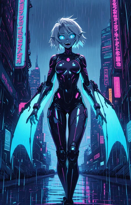 masterpiece, best quality, amazing quality, very aesthetic, absurdres,
Dreamkeepers, Wisp,solo, 1girl, cyberpunk, futuristic, neon cityscape, long white hair, blue sclera, colored skin, pointy ears, robotic neon bat wings, glowing blue cybernetic eyes, sleek bodysuit, mechanical enhancements open mouth smile, looking at viewer, rain-soaked streets, neon displays, towering skyscrapers, dystopian atmosphere.
, <lora:dreamkeepers_multiple_Characters:1>