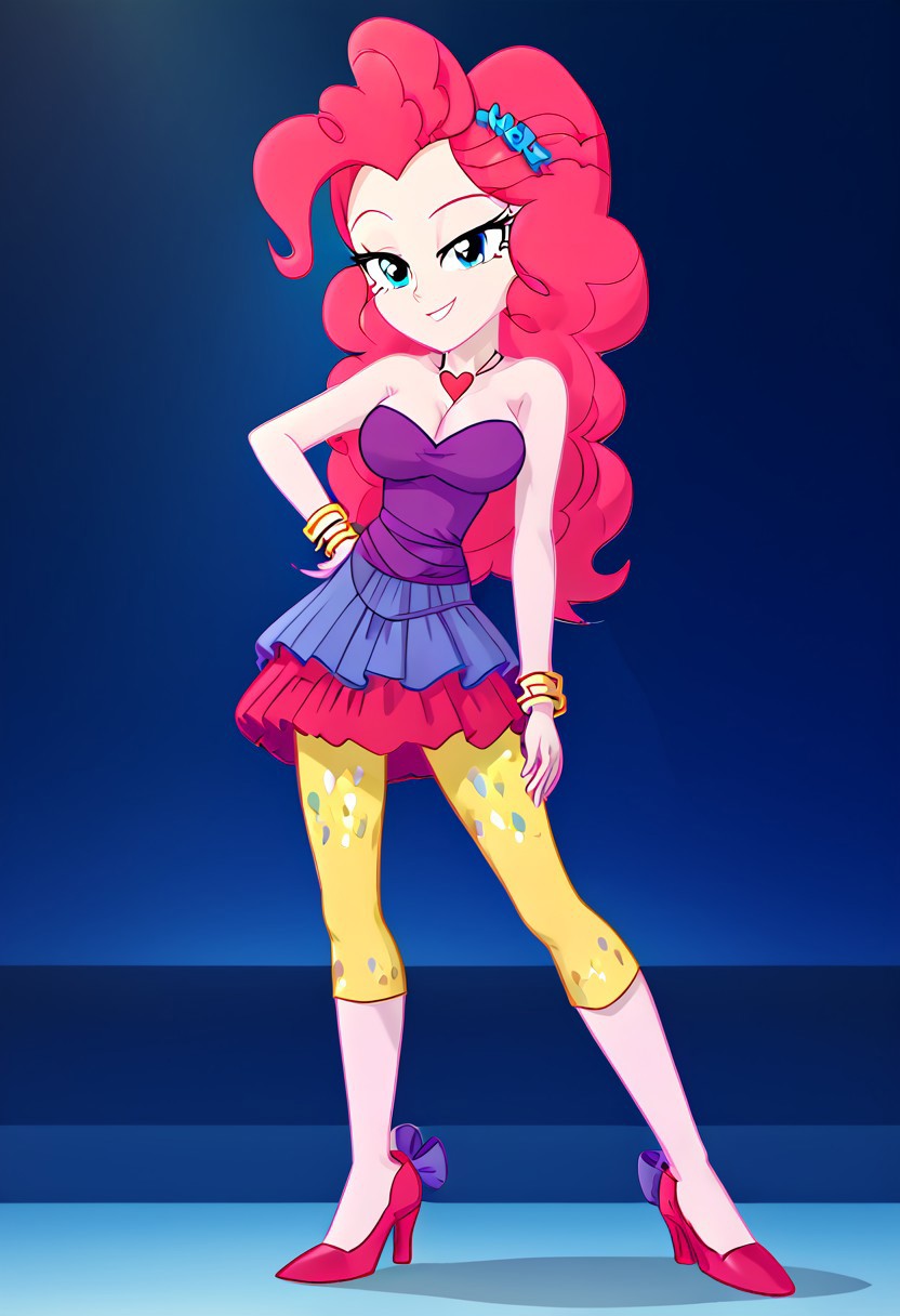 (High Resolution), (More Details), (8K), (High Resolution), NEGATIVE_HANDS, Score_9, Score_8_up, Score_7_up, Volumetric lighting, Intricate, Pinkie pie, equestria girls, 1 girl, Bracelets, skirt, skirt rah rah Purple sleeveless dress, off the shoulder, Strapless, yellow capris tights with colored spots, high heels, Full body, Sexy and sensual model body, pose, seductive and flirtatious look, beautiful, attractive, Mature body, big breasts, Heart necklace