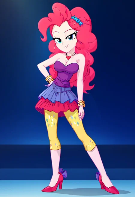 (High Resolution), (More Details), (8K), (High Resolution), NEGATIVE_HANDS, Score_9, Score_8_up, Score_7_up, Volumetric lighting, Intricate, Pinkie pie, equestria girls, 1 girl, Bracelets, skirt, skirt rah rah Purple sleeveless dress, off the shoulder, Strapless, yellow capris tights with colored spots, high heels, Full body, Sexy and sensual model body, pose, seductive and flirtatious look, beautiful, attractive, Mature body, big breasts, Heart necklace