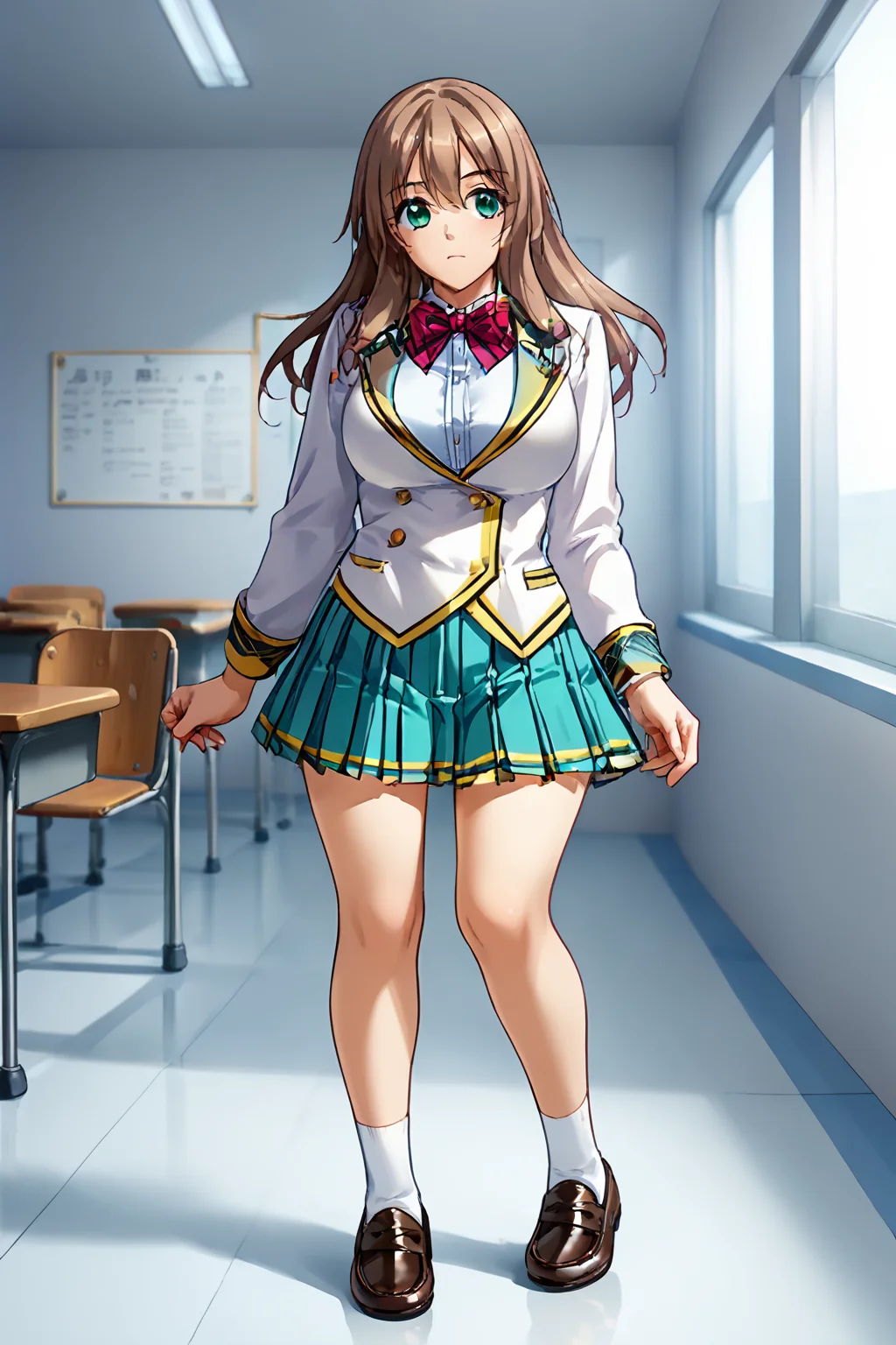 score_9, score_8_up, score_7_up,source_anime, zPDXL3, <lora:Nomiya_Nanako:.8>NomiyaNanako, 1girl, long hair, large breasts, green eyes, brown hair,classroom,
long sleeves, bow, school uniform, white jacket,pleated skirt,blazer,, loafers,shoes, socks, bowtie,
standing, full body,