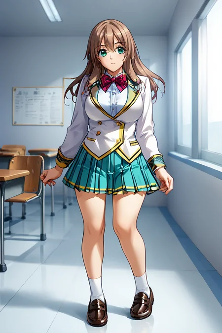 score_9, score_8_up, score_7_up,source_anime, zPDXL3, <lora:Nomiya_Nanako:.8>NomiyaNanako, 1girl,  long hair, large breasts, green eyes,  brown hair,classroom, 
long sleeves, bow, school uniform, white jacket,pleated skirt,blazer,, loafers,shoes, socks, bowtie,
standing,  full body,