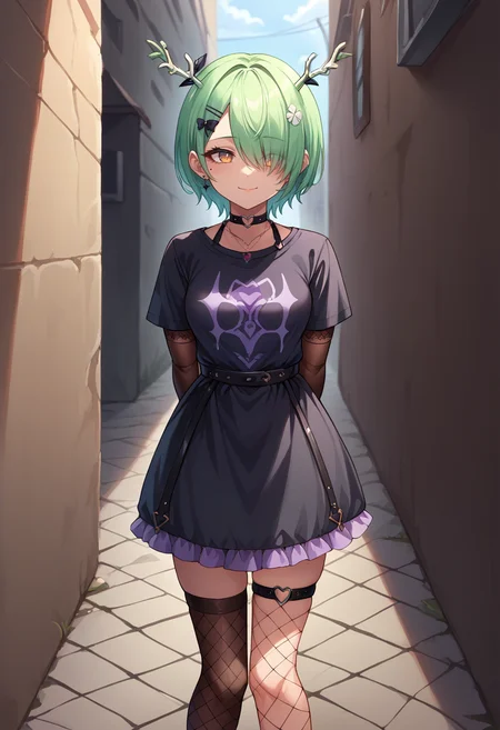 score_9, score_8_up, source_anime, 1girl, solo, FaunaGoth, mole under eye, antlers, short hair, hair over one eye, hairclip, heart choker, necklace, black t-shirt, black dress, elbow gloves, fingerless gloves, o-ring thigh strap, heart o-ring, fishnet thighhighs, dark, alley, arms behind back, standing, evil smile, <lora:ChamCeresFaunaPonyXL:1>