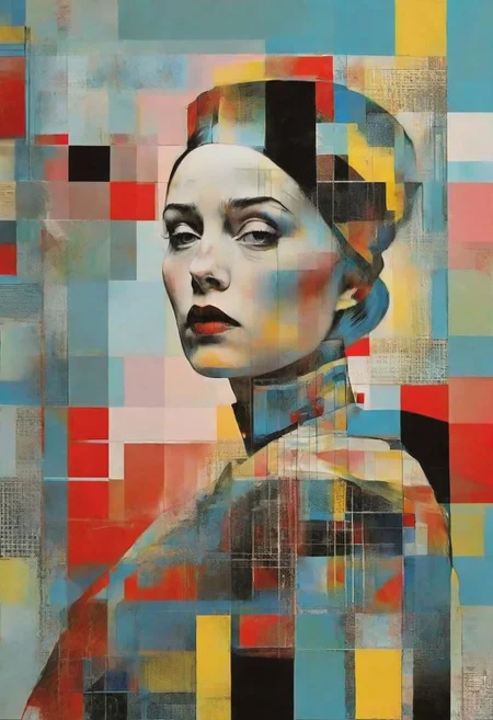Dali, Malevitch, Rodchenko, Mondrian, Kandinsky, psychedelic hallucination, pop surrealism, rough crosshatch drawing pop art Lunatic_Portrait of a girl in latex, slick back, low bun, black makeup, sinister expression, intense glare, avant-garde, abstract, weird, geometric, constructivism, suprematism, rayonism, verticism, lineism, tj