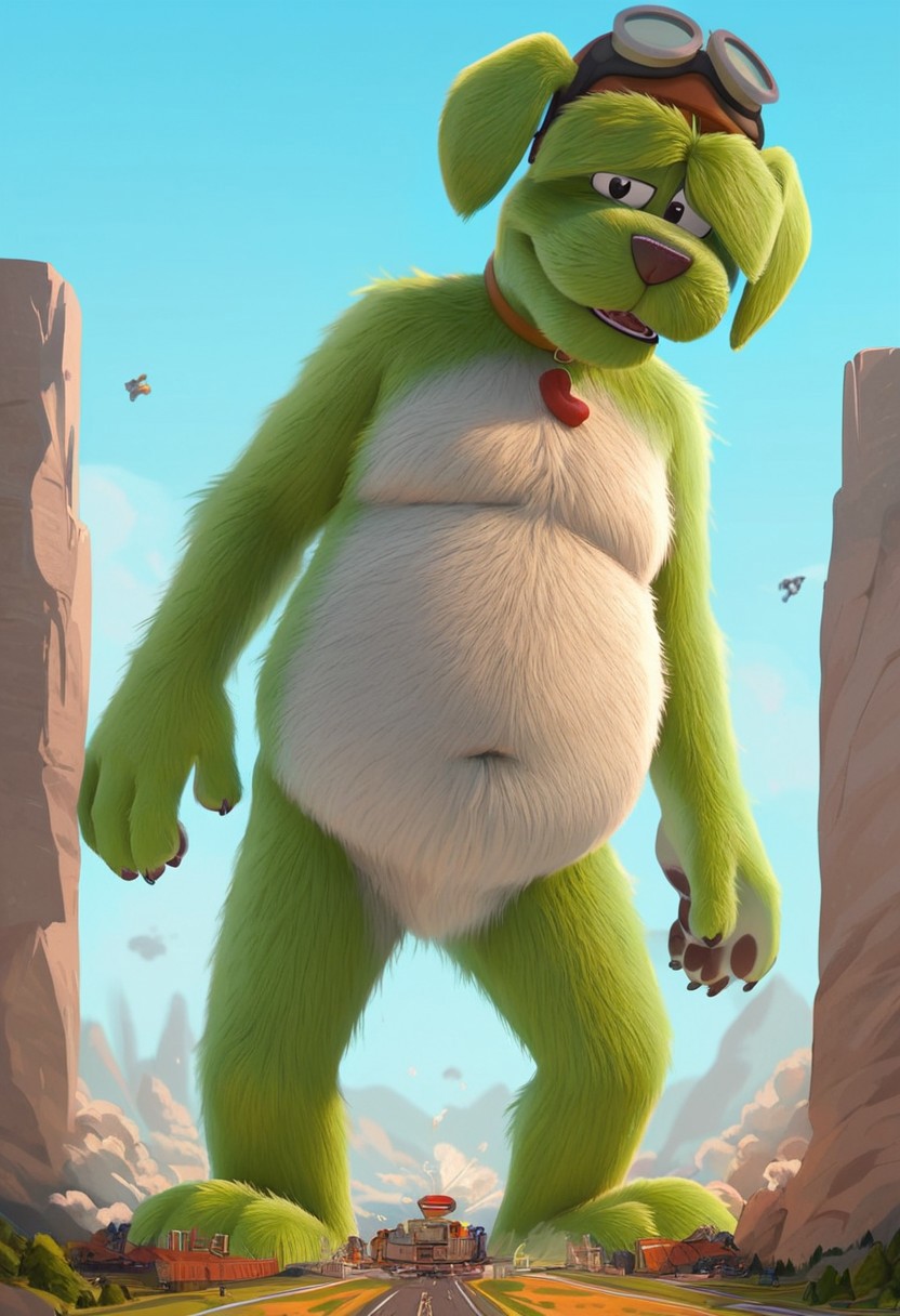 score_9, score_8_up, score_7_up, score_6_up, solo focus, 1male, larger body, (Beans, Go Dog Go), long ears, (green fur, white belly)), brown collar, jellybean shaped tag, ((anthro, anthro dog, dog body)), (black eyes), Perfect paws, 1male, (source_furry), full body, solo, eyebrows, brown bomber hat with googles, anthro, detailed fur, slightly chubby, detailed eyes, low angle view, ((macro)), ((giantess)), outdoors, ((sunshine)), ((sunny day)), ((bright light)), in the city, (shrunken city :1.3), (shrunken cityscape:1.2), micro cityscape, full detailed city, destruction, mass destruction, full body, perfect face, focus on furry, shy face, (sexy perfect face), looking at viewer, sexy, highly detailed, Expressiveh, perfect eyes, big feet, landscape, orgasm face, blue sky, daytime, standing