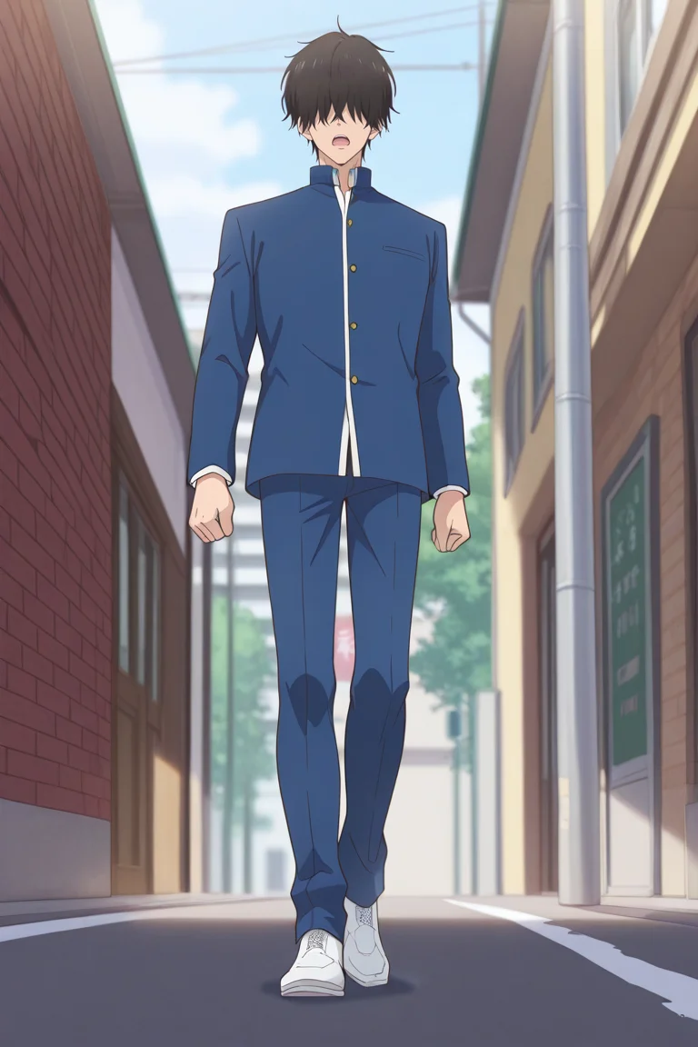 masterpiece, best quality, amazing quality,high resolution, intricate details,official style,depth of field,anime screencap , , , 1boy, solo, male focus, <lora:Nezu_Chuukichi:0.88>,nezu chuukichi,black hair,short hair,shirt,long sleeves,blue jacket, school uniform,full body,open mouth,collared shirt,blue pants,white footwear, gakuran,walk, hair over eyes,from below,looking at viewer,outdoors,street,day