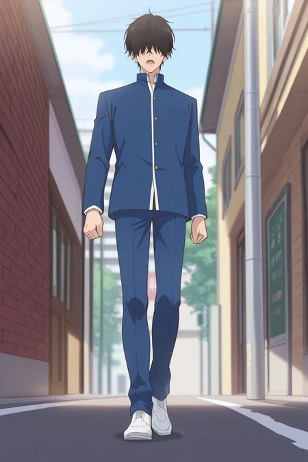 masterpiece, best quality, amazing quality,high resolution, intricate details,official style,depth of field,anime screencap , , , 1boy, solo, male focus, <lora:Nezu_Chuukichi:0.88>,nezu chuukichi,black hair,short hair,shirt,long sleeves,blue jacket, school uniform,full body,open mouth,collared shirt,blue pants,white footwear, gakuran,walk, hair over eyes,from below,looking at viewer,outdoors,street,day