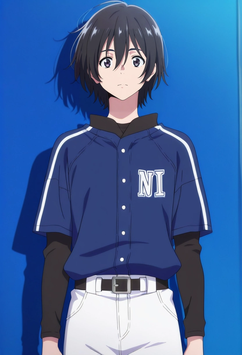 masterpiece, best quality, intricate details, anime screencap, anime coloring, ,, 1boy, solo, male focus, <lora:mio_chibana_ilxl:0.96>, mio_chibana, black hair, black eyes, short hair, hair between eyes, , , Snowboard pants, Baseball jersey, , , and