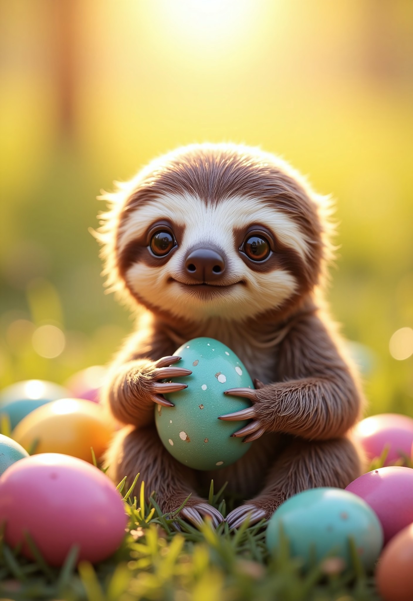 aidmaimageupgrader, a high quality digital image of the cutest little sloth ever sitting in a field with glorious sunshine, she's surrounded by easter eggs painted a variety of bright and vivid colours, she's holding a speckled cyan coloured easter egg in her paws