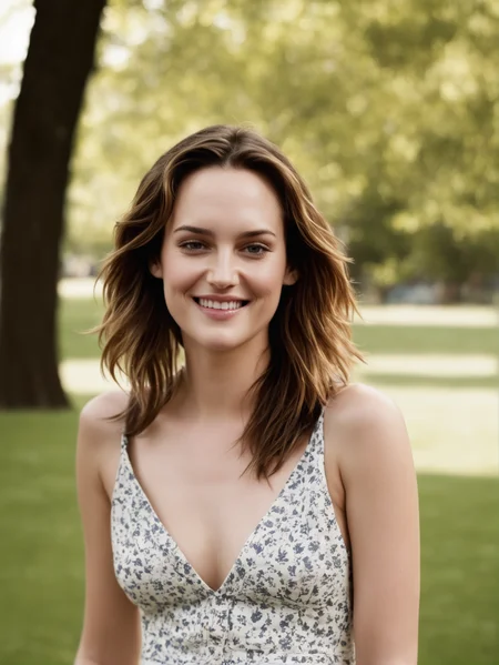 barbsynthxl, standing in the park, wearing a cotton dress, smiling
