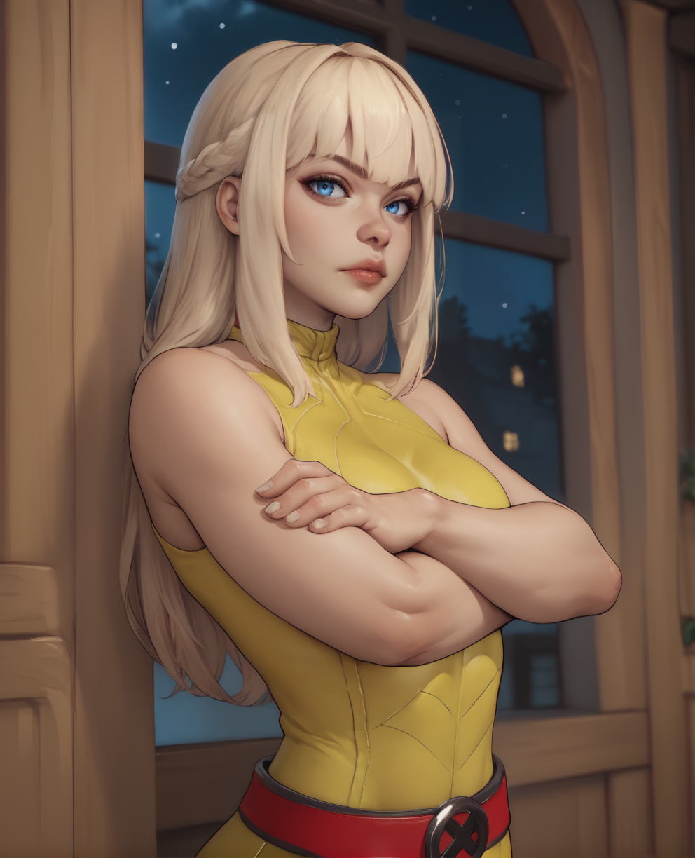 score_9,score_8_up,score_7_up,score_6_up,
magikxl,blond hair,blue eyes,bangs,long hair,
yellow bodysuit,red belt,sleeveless,bare shoulders,looking at viewer,crossed arms,
night,indoors,
<lora:magik:1>,