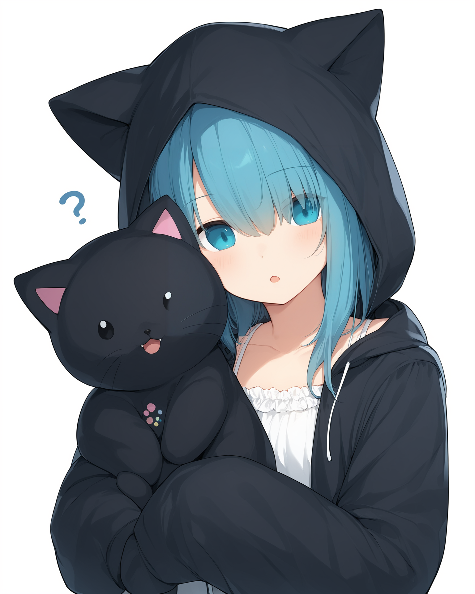 Best-A, amashiro_natsuki, NekohaShizuku_\(amashiro_natsuki\), 1girl, hood, jacket, black_jacket, hooded_jacket, solo, animal_ears, animal_hood, fake_animal_ears, blue_hair, blue_eyes, stuffed_toy, white_camisole, white_background, hood_up, long_sleeves, bangs, cat_ears, upper_body, stuffed_animal, holding, sleeves_past_wrists, long_hair, hair_over_one_eye, puffy_sleeves, puffy_long_sleeves, cat_hood, camisole, looking_at_viewer, simple_background, blush, bow, holding_stuffed_toy, open_jacket, collarbone, open_mouth, stuffed_cat, \!?, object_hug, white_shirt, open_clothes
,score_9,score_8_up,score_7_up,source_anime,best_quality,masterpiece,perfect_body, <lora:tpn3-5.5-R-Sytle-400artist:0.8>