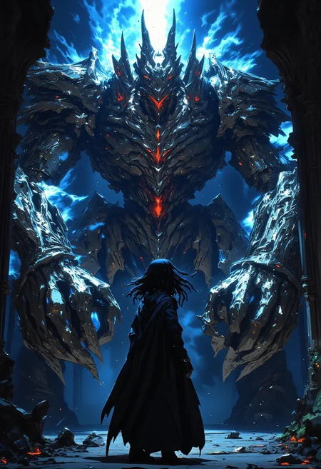 mythp0rt, midjourney_whisper_avant_couture, ne0nfant4sy, Silhouette art of an epic battle scene: a female android water elemental with flowing blue hair confronting a nightmarish mechanical behemoth in a gothic cathedral courtyard. The monster towers menacingly with multiple glowing crimson eyes, razor-sharp metal teeth, hydraulic jaw unhinged in a terrifying roar, smoke and steam billowing from its armored plates, jagged mechanical limbs ending in savage claws, exposed grinding gears and pulsing dark energy core. The water elemental channels surging waves and blue lightning against the beast, her ethereal cloak and hair flowing dramatically, ornate medieval architecture with climbing vines and crumbling spires frame the scene, ancient clock tower looming in background. Cybernetic details emit contrasting blue and blood-red lights, water droplets and energy particles exploding in air, shattered gothic arches and fallen pillars, dramatic rim lighting highlighting the clash between organic and mechanical, moody atmosphere where gothic fantasy meets dark cyberpunk warfare, deep shadows and glowing highlights emphasize the horror of the mechanical monster, debris and water effects filling the air, photorealistic, epic cinematic composition, volumetric lighting piercing through mist and smoke, octane render, 8k resolution, artstation trending, masterpiece, intense action scene --ar 2:3 --s 750 --q 2 --chaos 35 --stylize 1000